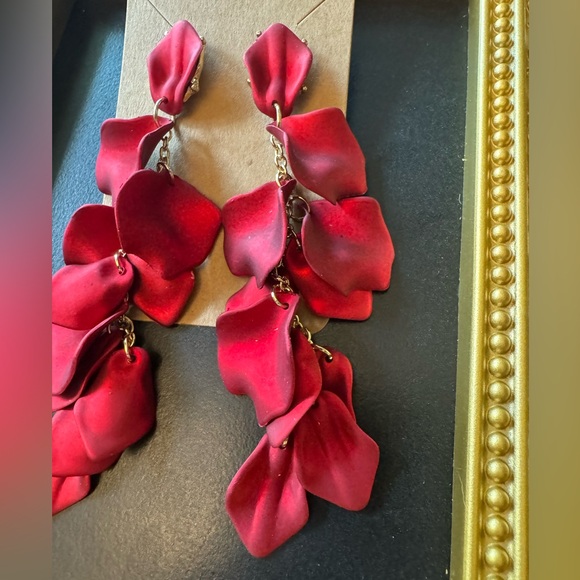 Long Red Petal Drop Earrings - Picture 5 of 6